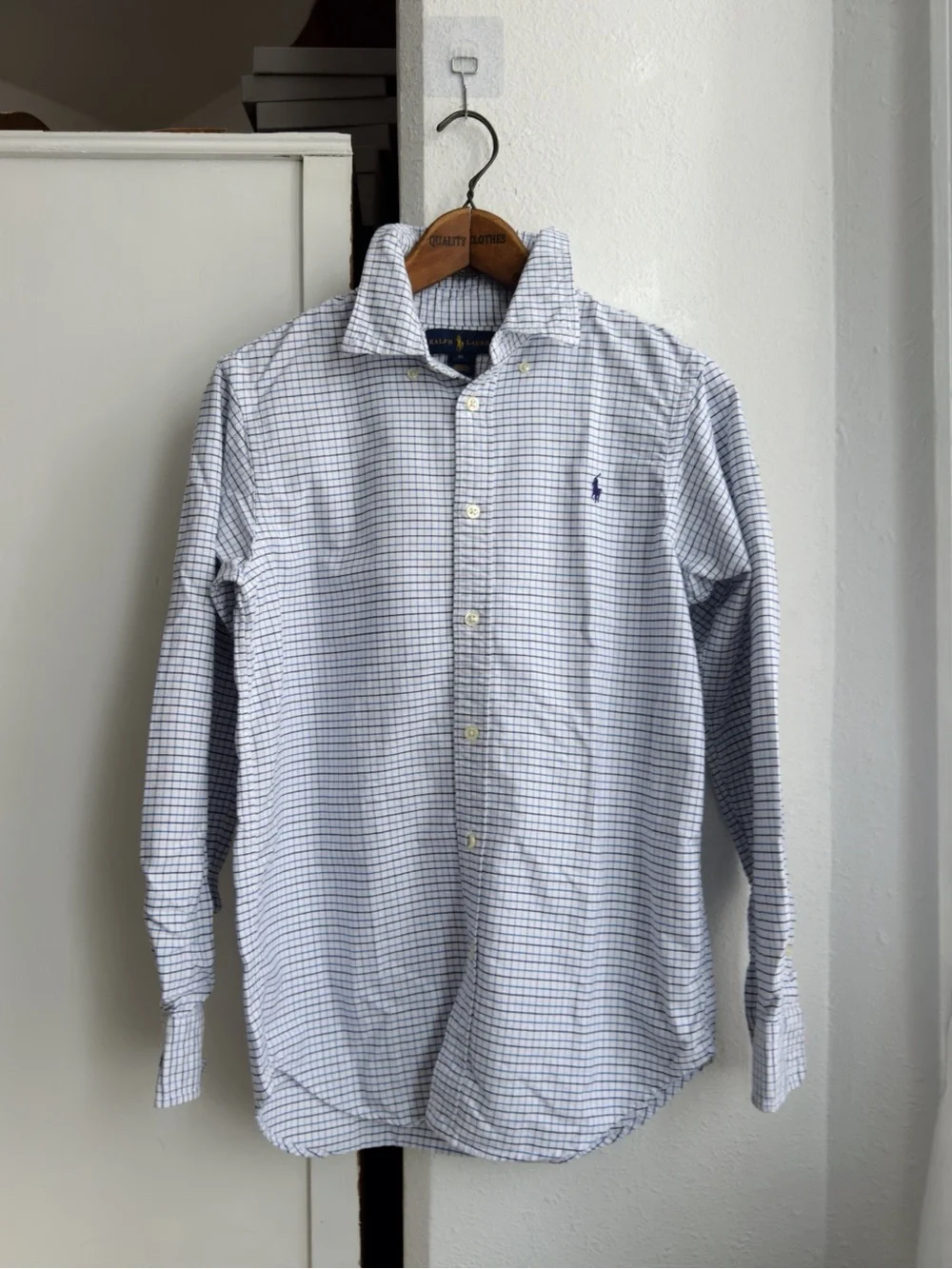 Ralph Lauren White and Blue Checked Button-Down Dress Shirt